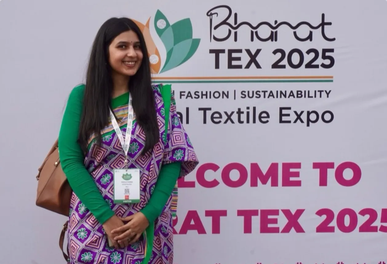 Shailja Sharma in a handloom saree at Bharat Tex 2025, the national textile expo.